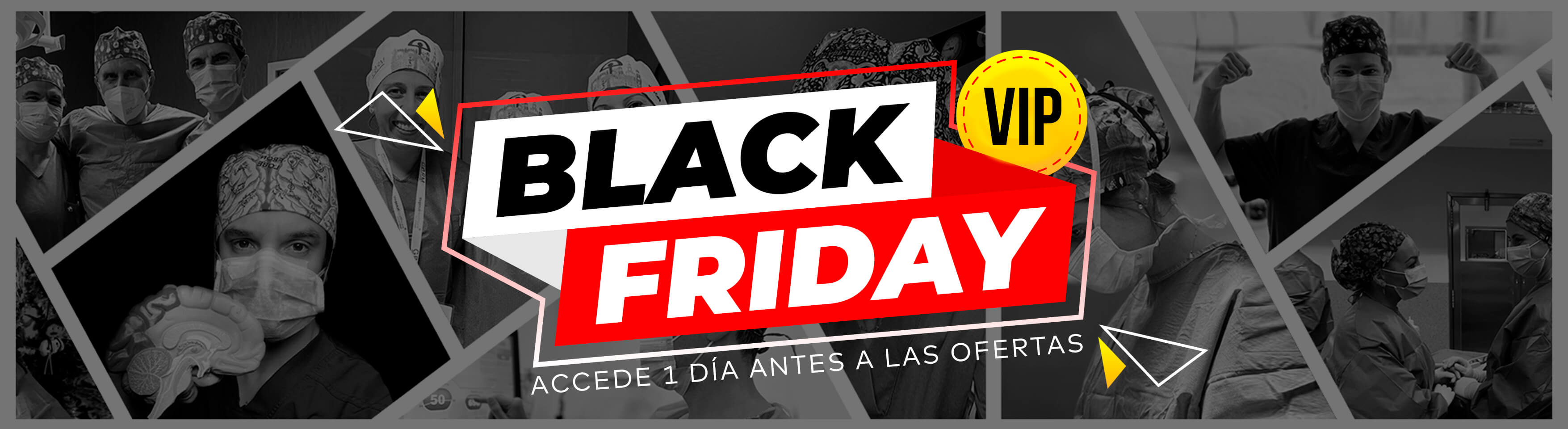 Banner promocional de Black Friday em português para móvel, VIP, de Robin Hat, com gorros cirúrgicos.