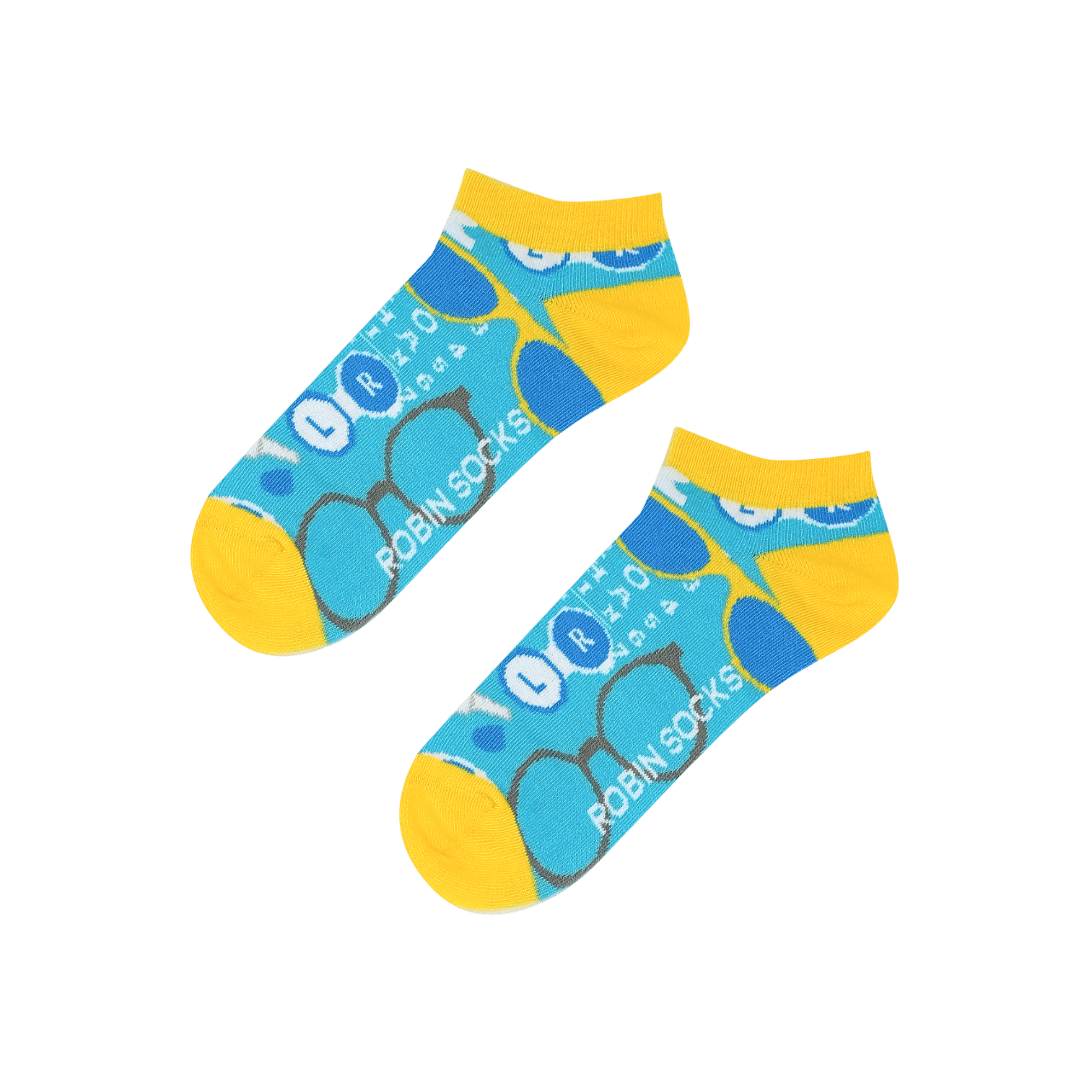 Calcetines tobilleros Vision azul turquesa y amarillo con diseño de gafas para profesionales sanitarios - Robin Socks by Robin Hat