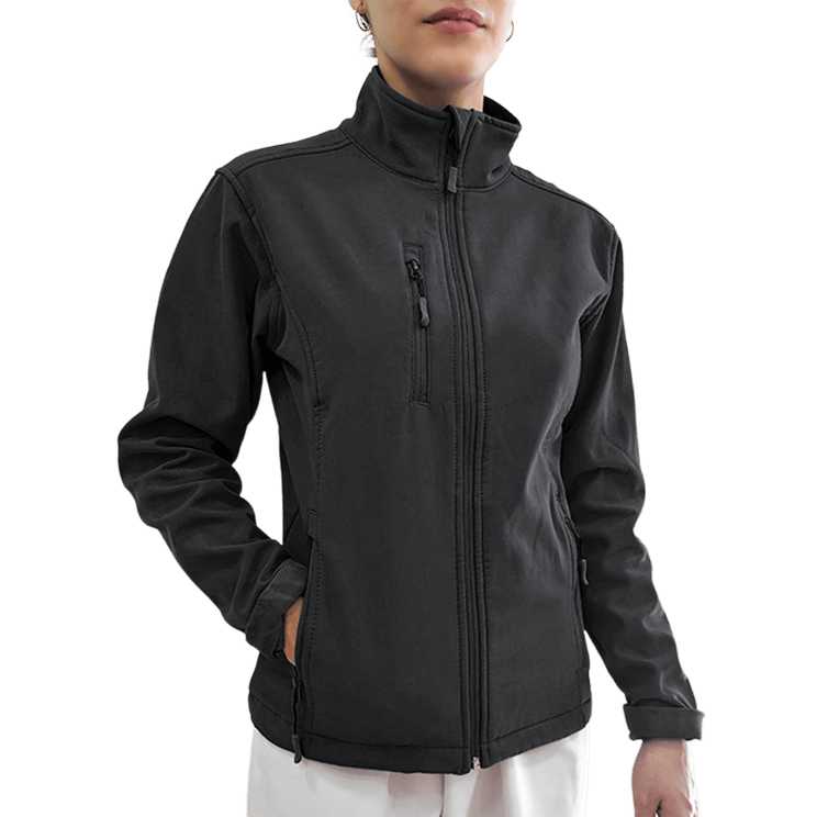 Softshell negra para mujer con tejido transpirable y diseño moderno, adaptada a profesionales médicas. Robin Hat.