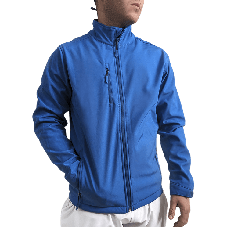 Chaqueta médica softshell de color azul, presenta cierre de cremallera, puños ajustables y bolsillos funcionales, ideal para profesionales de la salud.