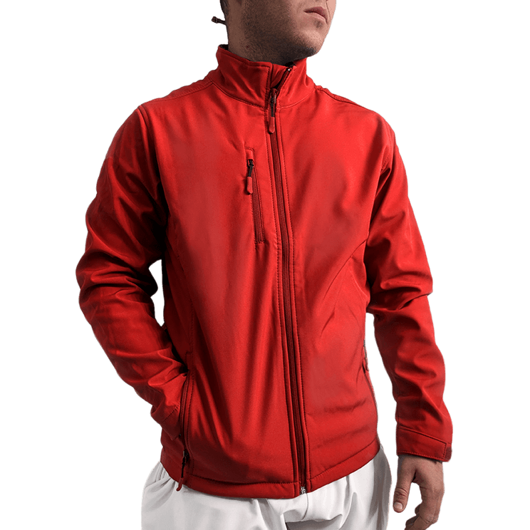 Chaqueta softshell sanitaria roja, con cierre frontal resistente, ajuste en muñecas y múltiples bolsillos, diseñada para profesionales médicos en hospitales.