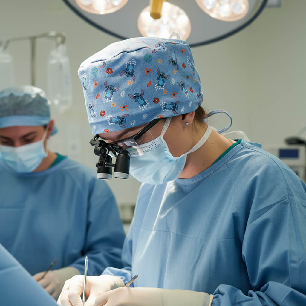 Cirujana usando lupas binoculares y gorro quirúrgico STITCH de Robin Hat con diseño del personaje Disney Lilo & Stitch sobre fondo azul, durante intervención quirúrgica con lámparas cialíticas en quirófano profesional