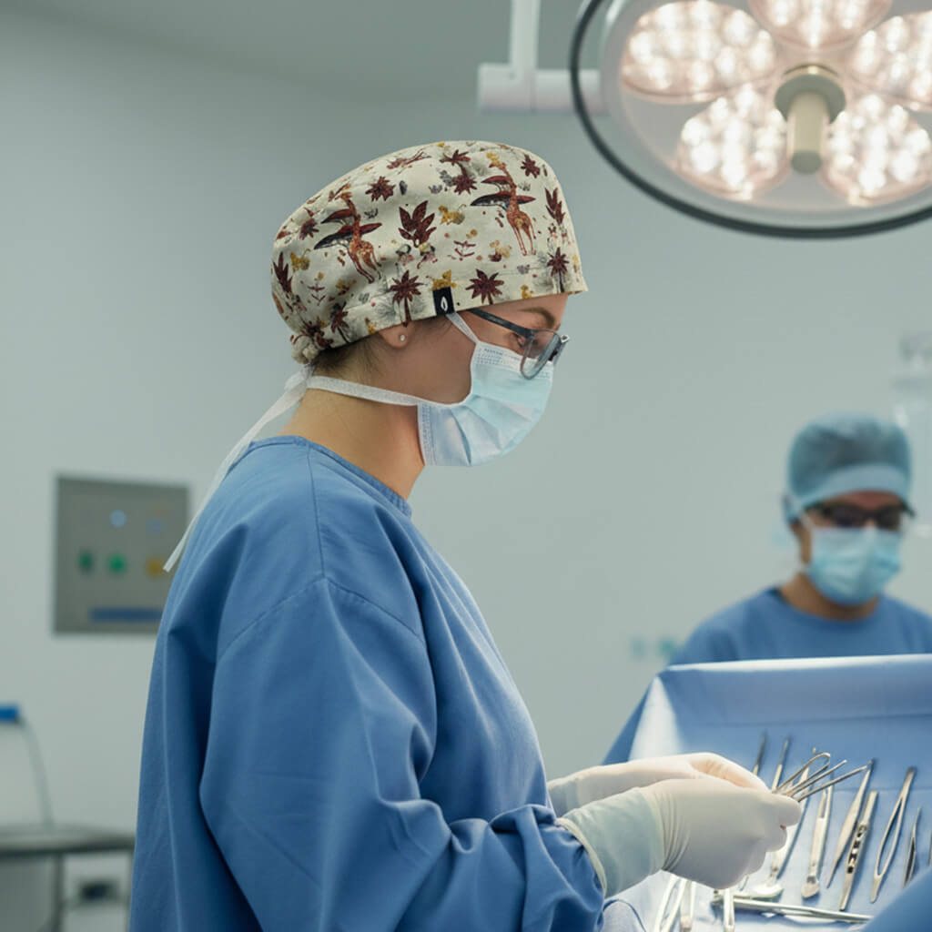 Cirujana concentrada en quirófano usando gorro quirúrgico LION KING de Robin Hat con diseño de safari africano y jirafas, llevando mascarilla y lupas durante intervención quirúrgica con lámparas cialíticas y equipo médico