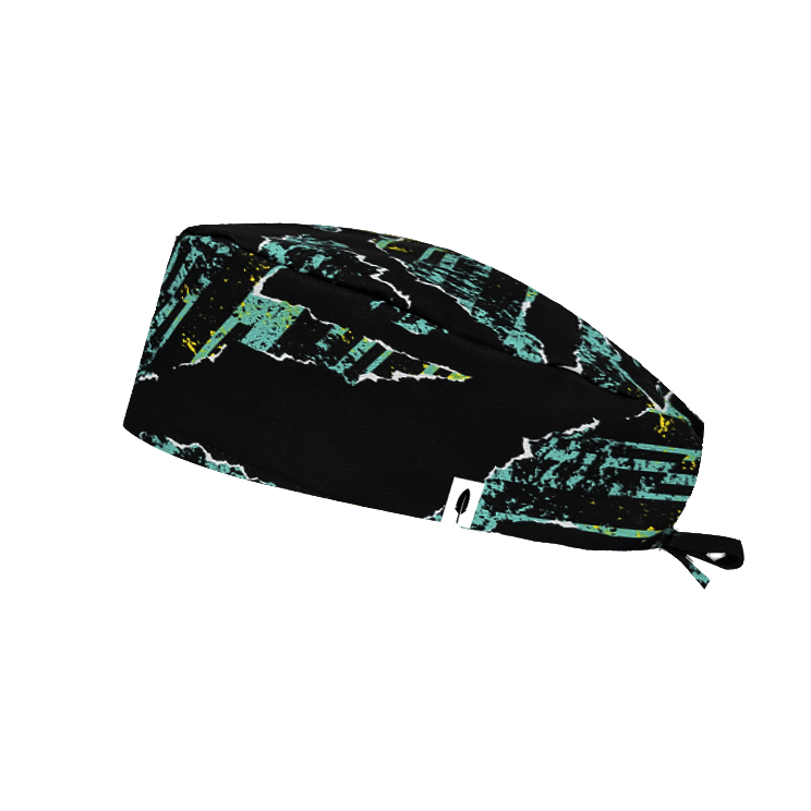 Gorro quirúrgico ENERGY CLAWS de Robin Hat con estampado en negro y azul turquesa. Un diseño moderno y vibrante para destacar