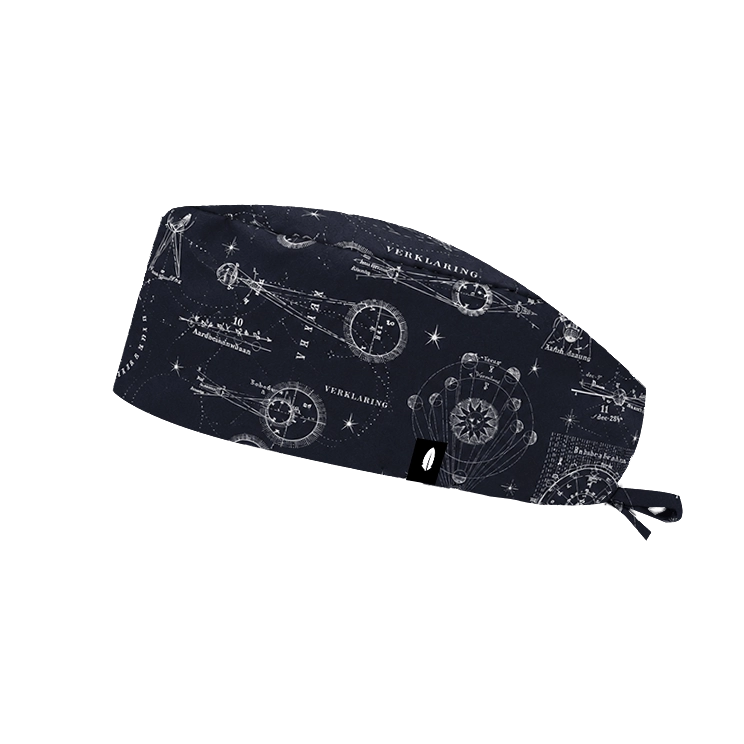 Gorro quirúrgico pelo corto ECLIPSE SOLAR azul marino de Robin Hat con cartas astronómicas vintage y constelaciones