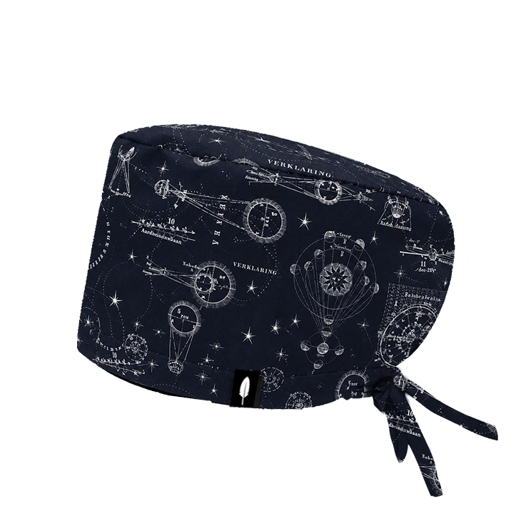 Gorro quirúrgico pelo largo ECLIPSE SOLAR azul marino de Robin Hat con cartas astronómicas vintage y constelaciones