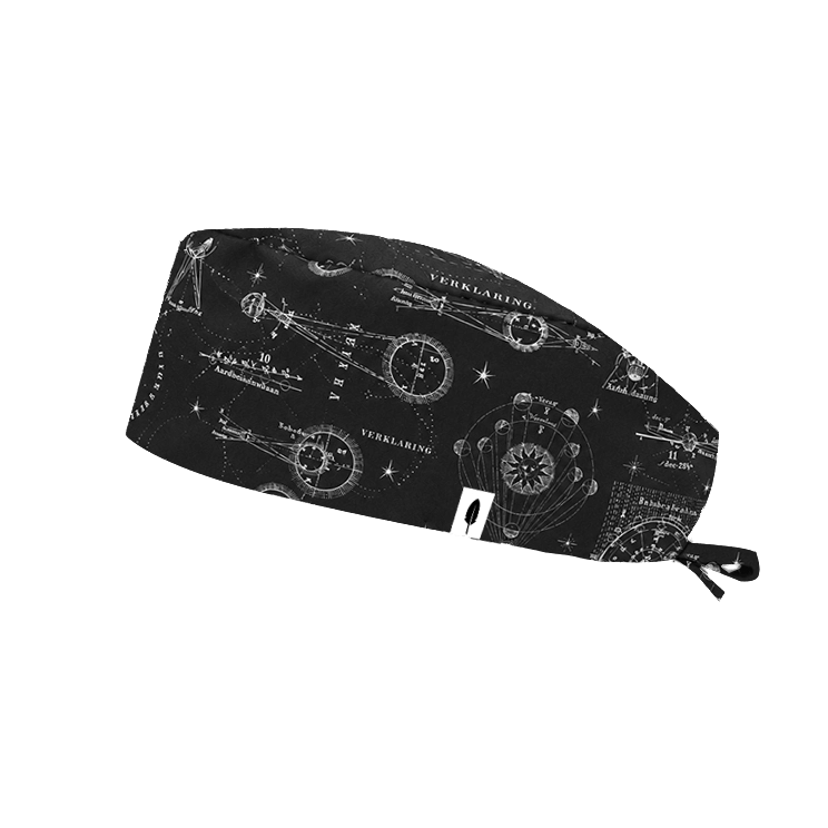 Gorro quirúrgico pelo corto ECLIPSE SOLAR negro de Robin Hat con cartas astronómicas vintage y constelaciones en blanco