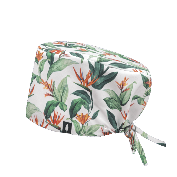 Gorro quirúrgico FLOR DEL PARAÍSO de Robin Hat con ilustraciones exóticas sobre fondo blanco o negro