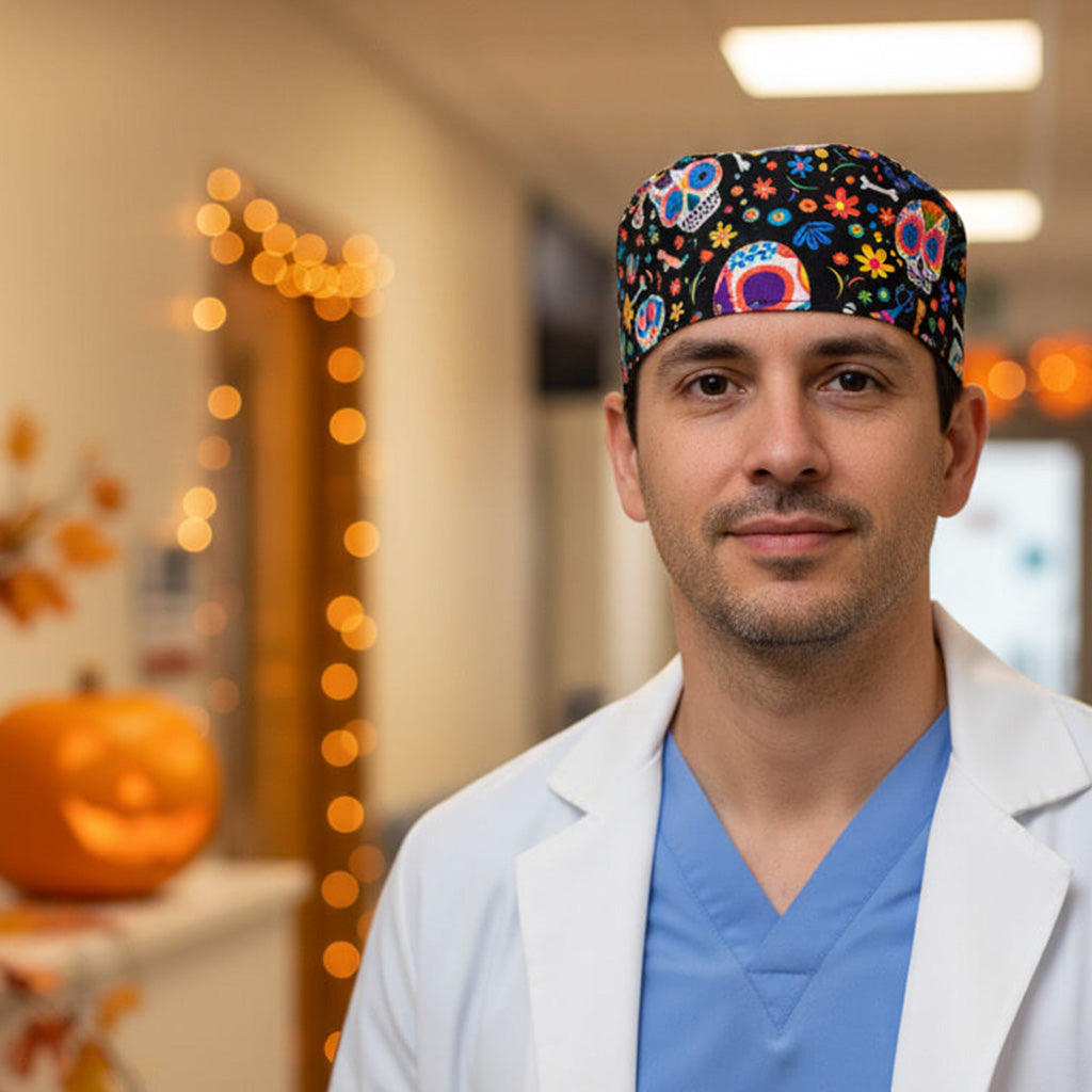 Médico con gorro quirúrgico Catrina de pelo corto negro con calaveras mexicanas coloridas - Colección Halloween Robin Hat