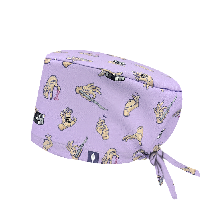 Gorro quirúrgico Robin Hat con estampado de mano Cosa sobre fondo morado, diseño original transpirable con gestos únicos para médicos y enfermeros que desean personalidad en su uniforme