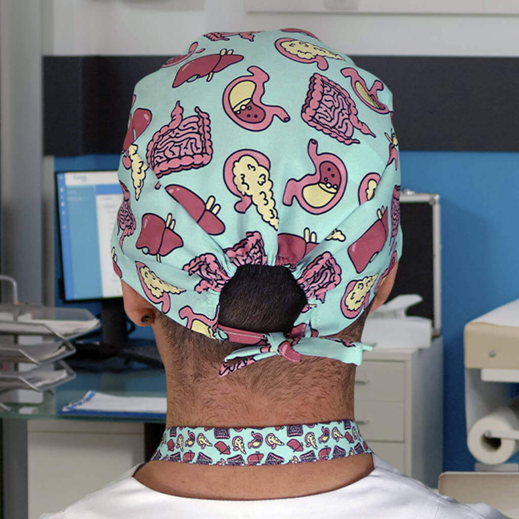 Gorro quirúrgico Digestive de pelo corto con lanyard a juego y estampado del sistema digestivo para gastroenterología - Robin Hat