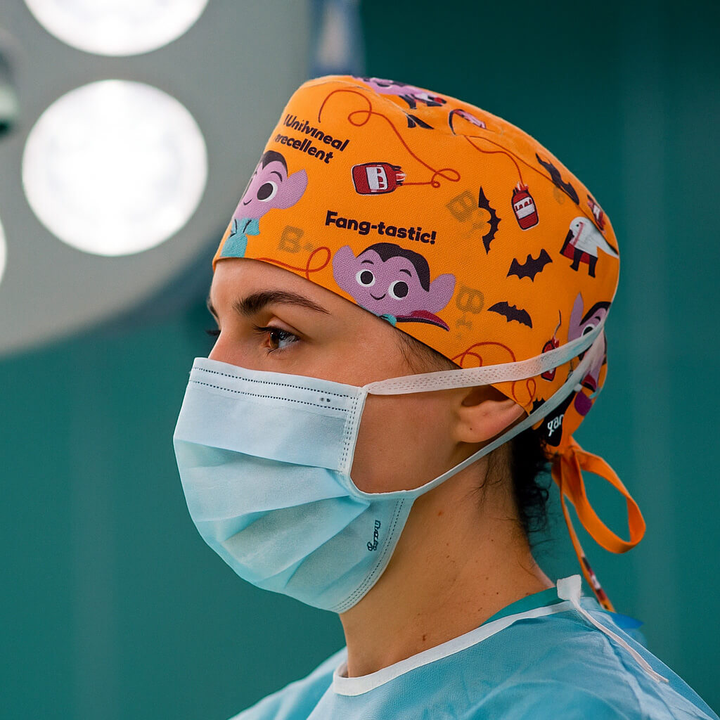 Gorro quirúrgico Drácula de Halloween naranja con vampiros y murciélagos para profesionales sanitarios - Robin Hat