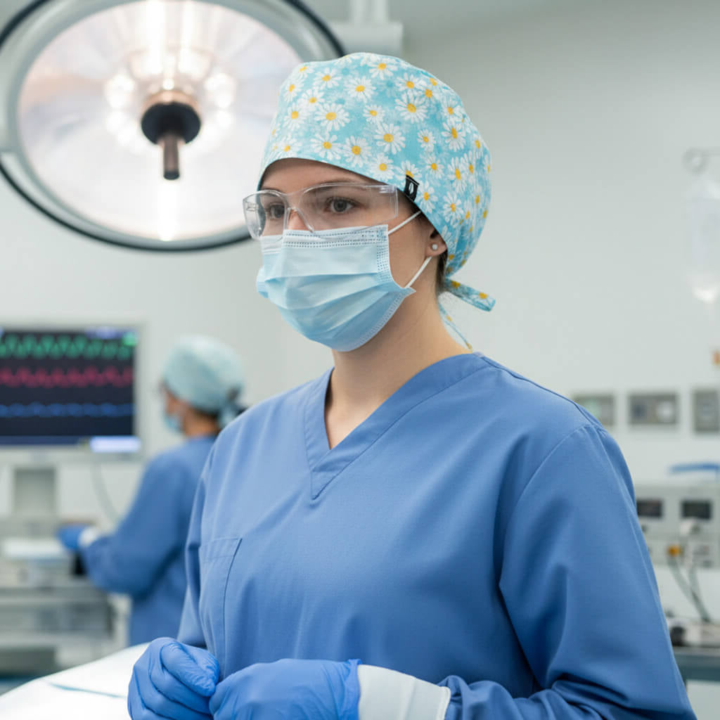 Enfermera en sala de operaciones con gorro quirúrgico Robin Hat con estampado de margaritas blancas y amarillas sobre fondo azul celeste, diseño floral primaveral transpirable para profesionales sanitarios con cabello largo