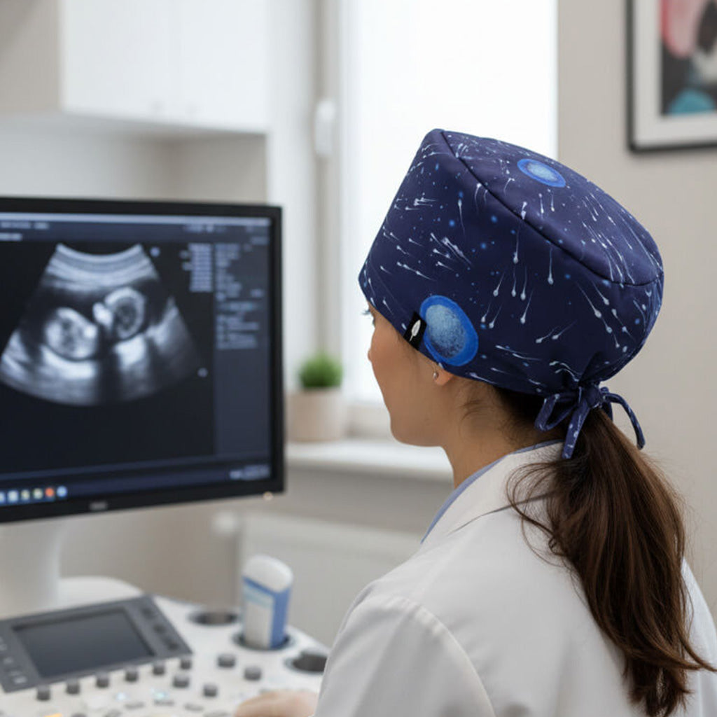 Ginecóloga con gorro quirúrgico Vida azul marino con planetas observando ecografía - Especialidad maternidad Robin Hat