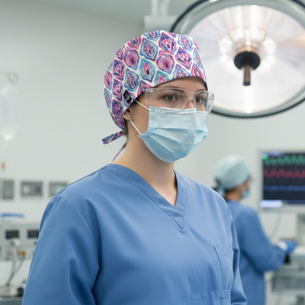 Profesional sanitaria en quirófano con gorro quirúrgico Robin Hat modelo Vulva de diseño exclusivo con patrón geométrico en tonos morados, rosas y azules, ideal para ginecólogos y ginecólogas, fabricado en poliéster transpirable para cabello largo