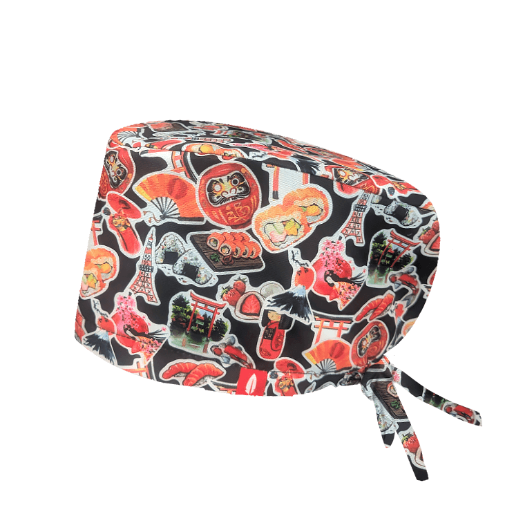 Gorro quirúrgico JAPAN STICKERS con stickers japoneses y tejido técnico ideal para sala blanca. Diseño alegre con máxima funcionalidad.