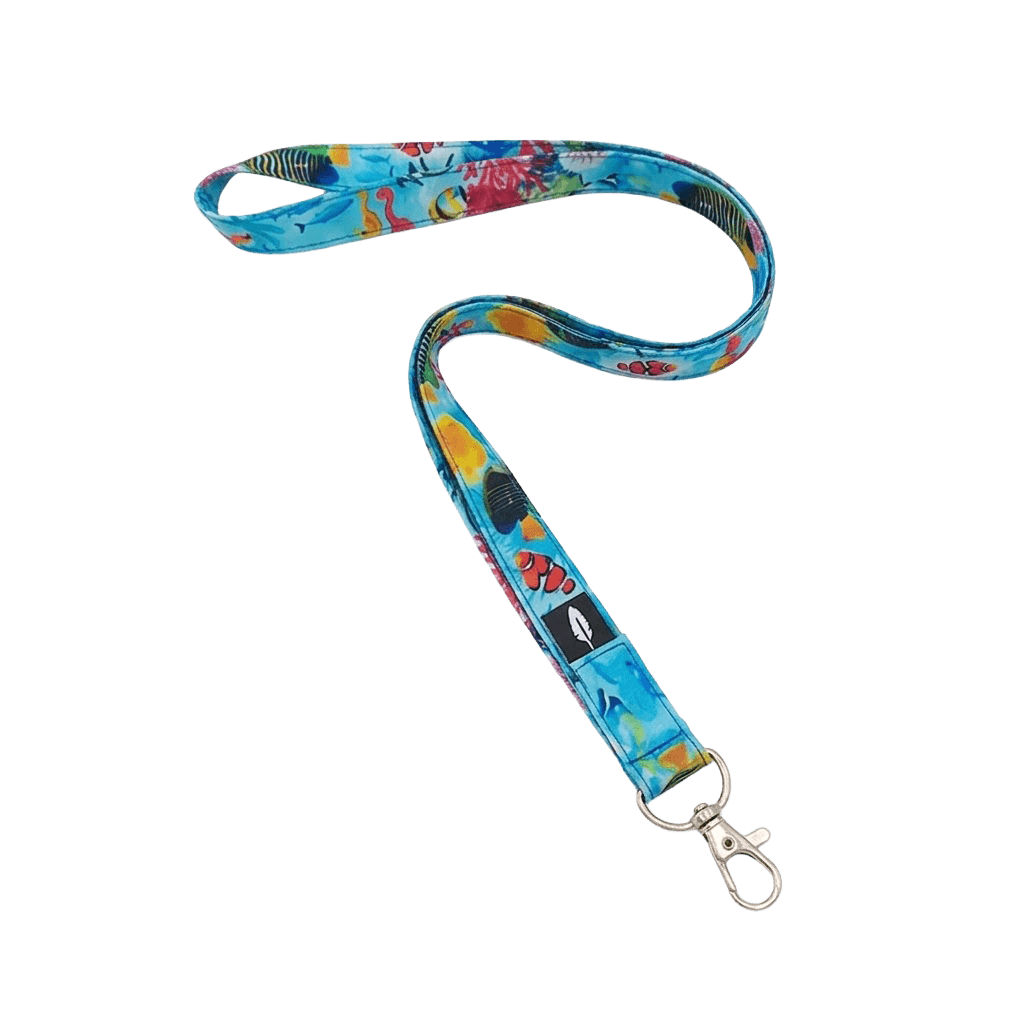 Lanyard Aqua Jewel Robin Hat con estampado marino colorido de peces tropicales y coral sobre fondo turquesa con mosquetón metálico