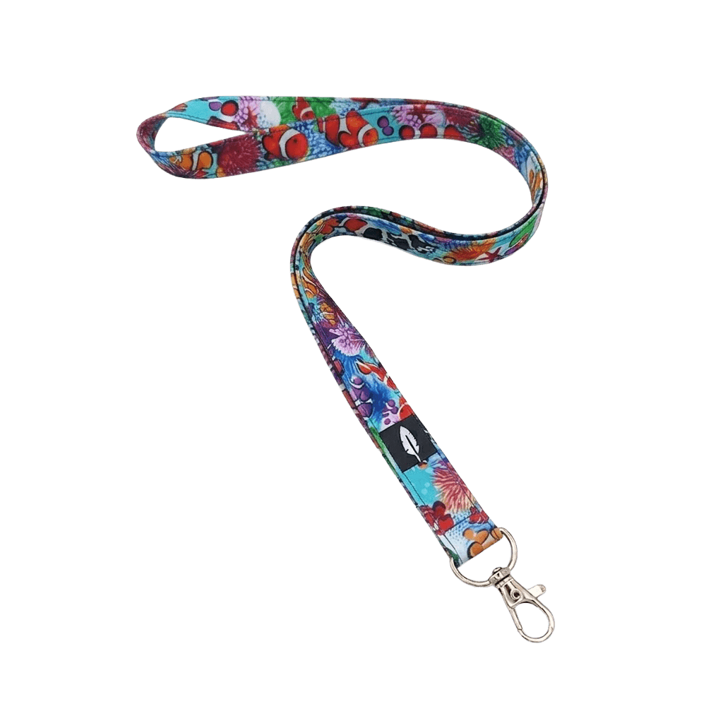 Lanyard Arrecife Robin Hat con estampado de peces payaso y arrecife de coral en colores vivos con mosquetón metálico