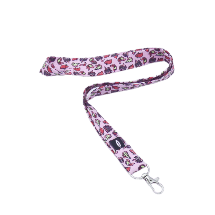 Lanyard Digestive de poliéster rosa con estampado de alimentos como pizza, helado y frutas, ideal para profesionales de la salud.