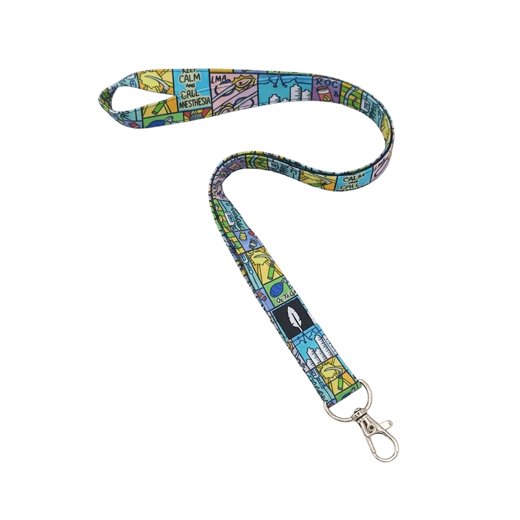 Lanyard Propofol Robin Hat con estampado estilo cómic de anestesia en colores vivos y mosquetón metálico