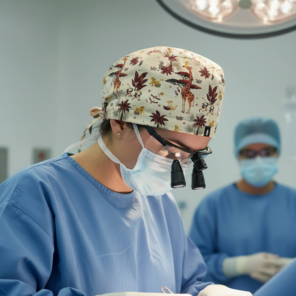 Médica en quirófano usando gorro quirúrgico LION KING de Robin Hat con estampado de jirafas y motivos africanos, trabajando con instrumental quirúrgico durante procedimiento médico especializado