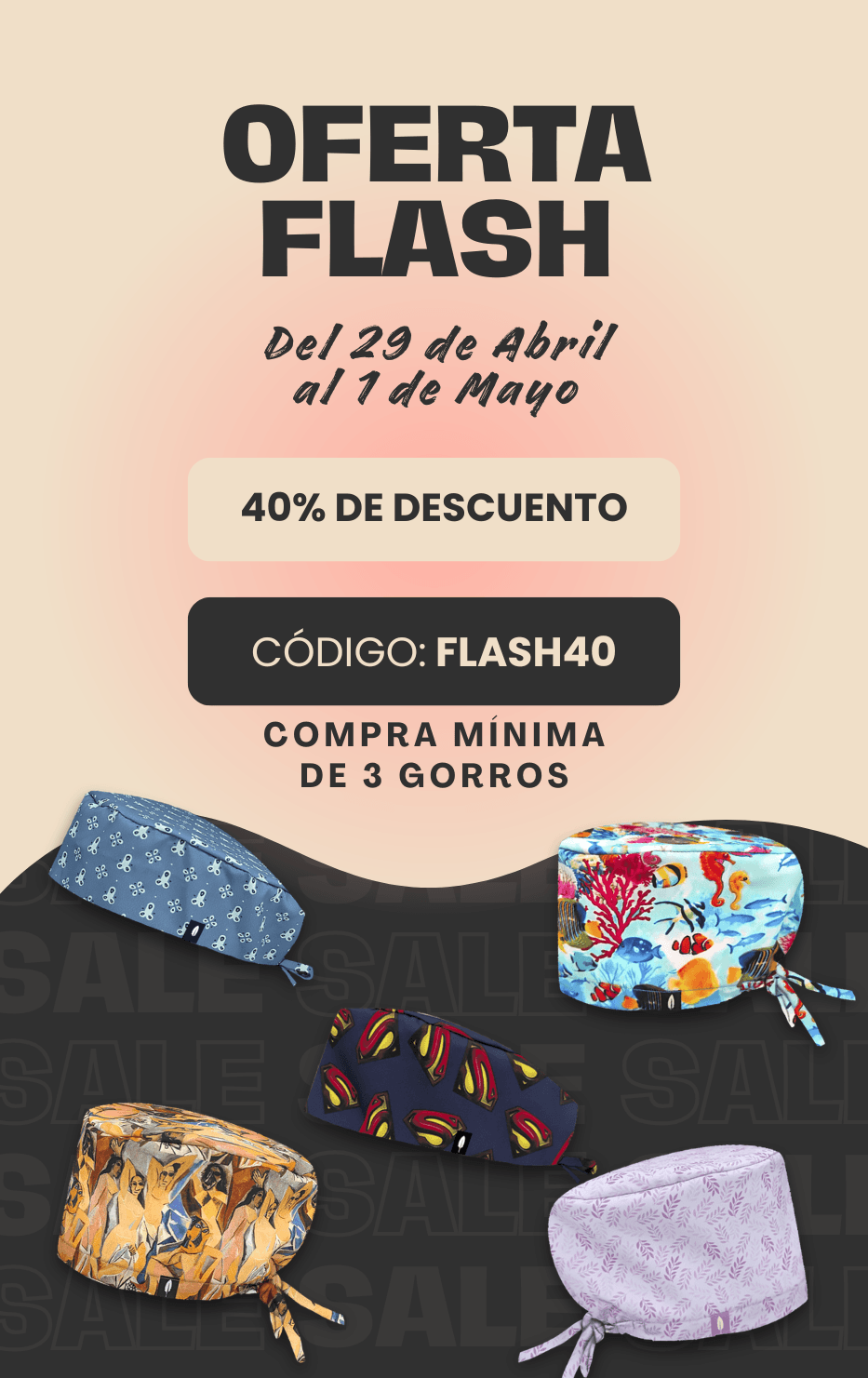 Oferta Flash Robin Hat: 40% de descuento en gorros quirúrgicos del 29 de abril al 1 de mayo. Código FLASH40.