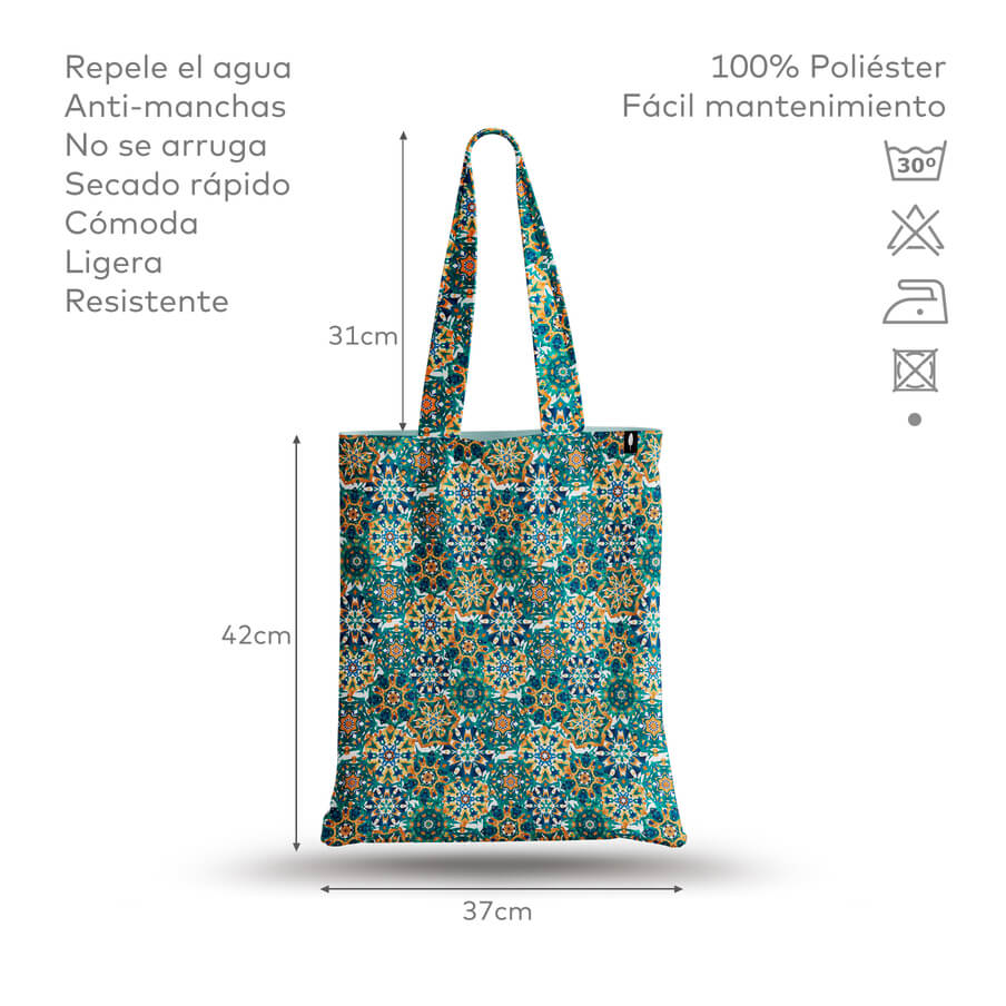 Tote Bag de Robin Hat con diseño geométrico inspirado en la Alhambra, mostrando especificaciones detalladas del producto. Resistente al agua y anti-manchas.