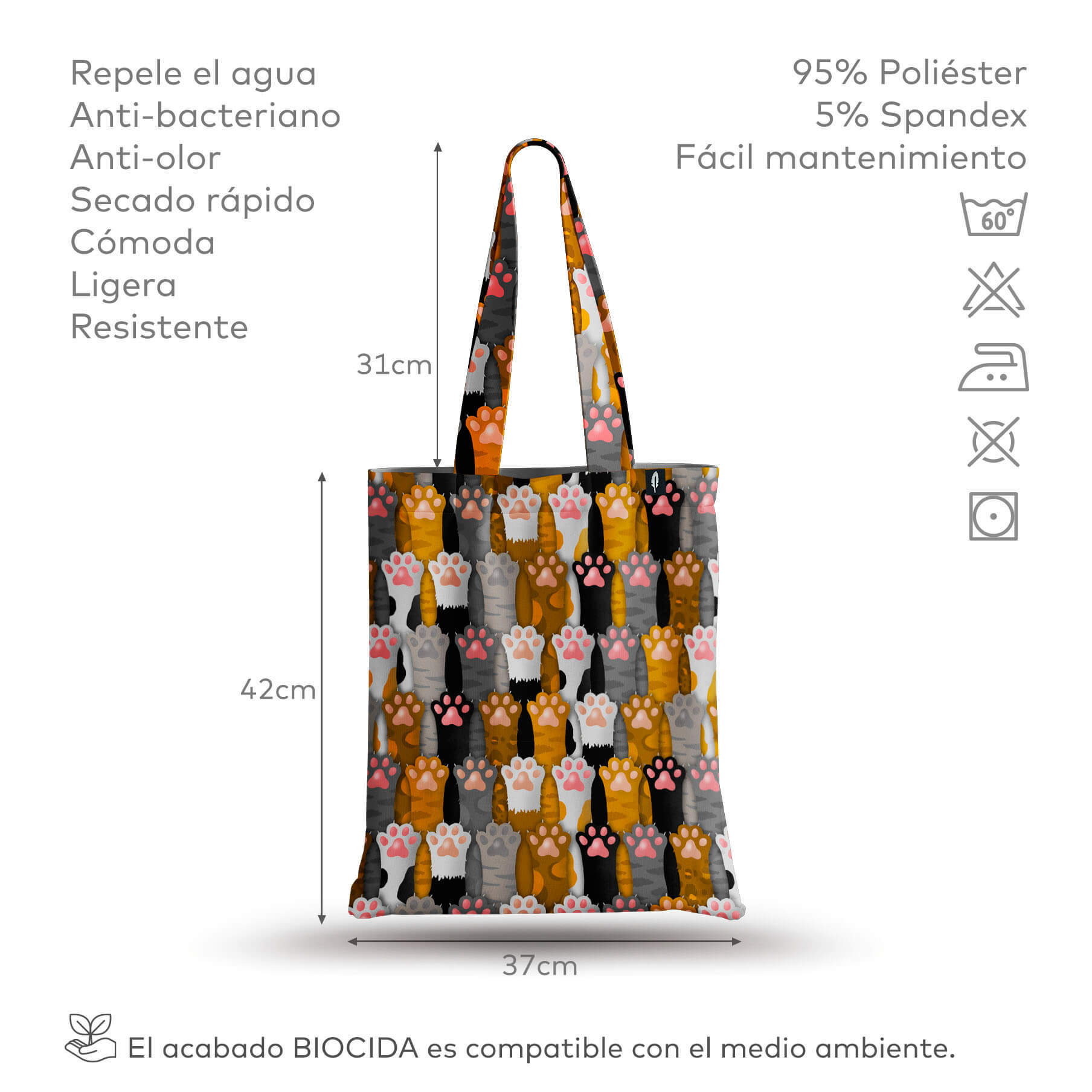 Tote Bag de Robin Hat con diseño de huellas de gato en fondo negro, mostrando especificaciones detalladas del producto.