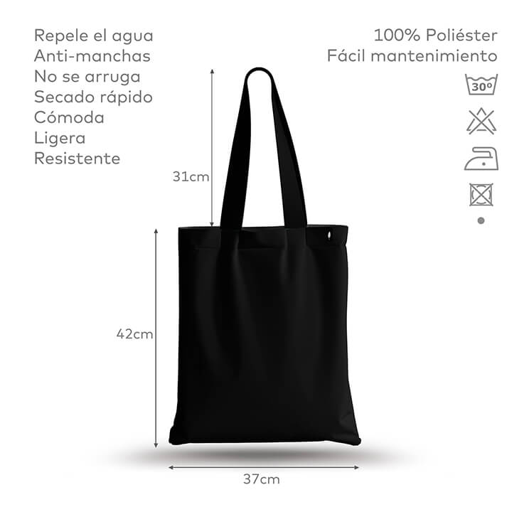 Tote Bag de Robin Hat con diseño clásico en fondo negro, mostrando especificaciones detalladas del producto. Resistente al agua y anti-manchas.