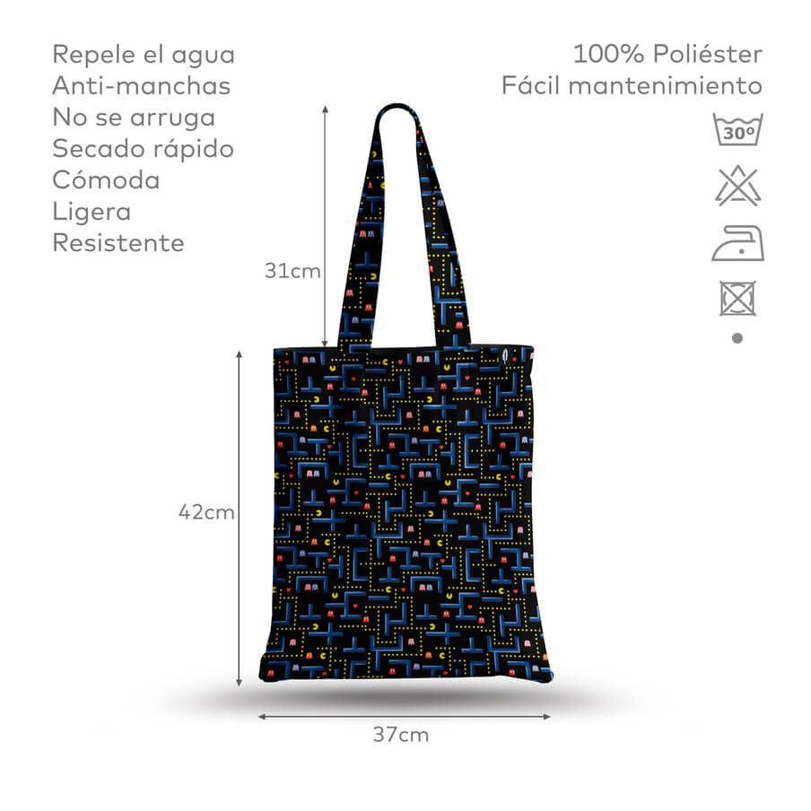 Tote Bag de Robin Hat con diseño de comecocos en fondo negro, mostrando especificaciones detalladas del producto. Resistente al agua y anti-manchas.