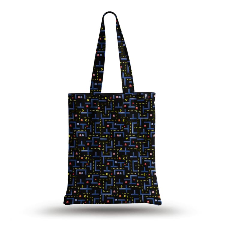 Tote Bag de Robin Hat con diseño de comecocos en fondo negro, con elementos de laberinto y personajes del juego.