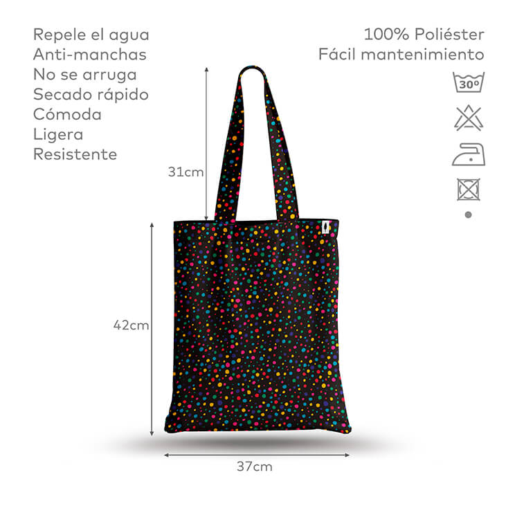 Tote Bag de Robin Hat con diseño de confetti en fondo negro, mostrando especificaciones detalladas del producto. Resistente al agua y anti-manchas.