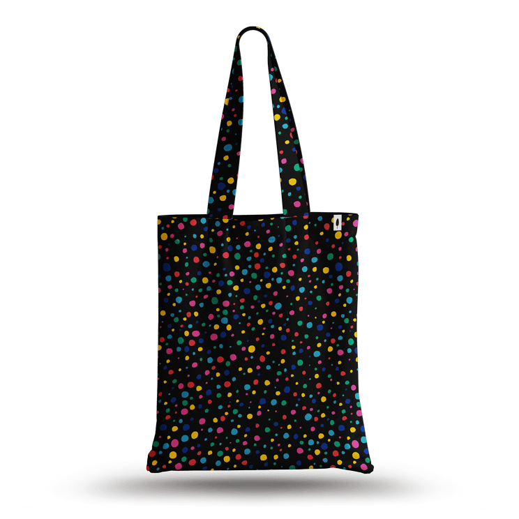 Tote Bag de Robin Hat con diseño de confetti en fondo negro, con puntos de colores brillantes.