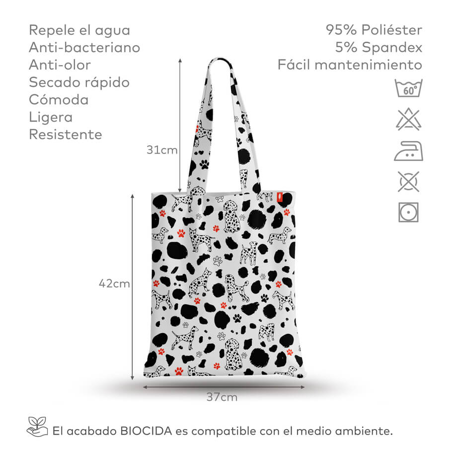 Tote Bag de Robin Hat con diseño de dálmatas en fondo blanco, mostrando especificaciones detalladas del producto.