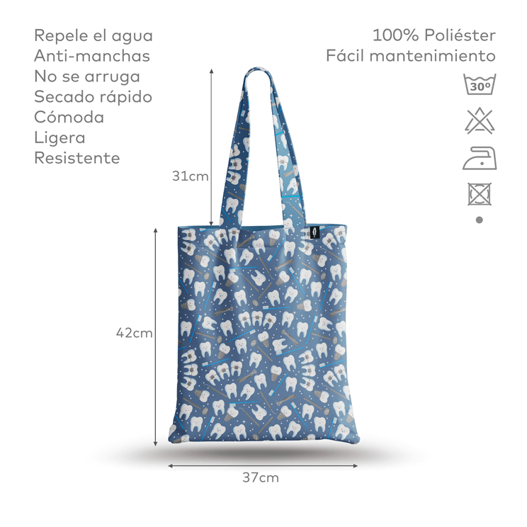 Tote Bag de Robin Hat con diseño de dientes en fondo azul, mostrando especificaciones detalladas del producto. Resistente al agua y anti-manchas.