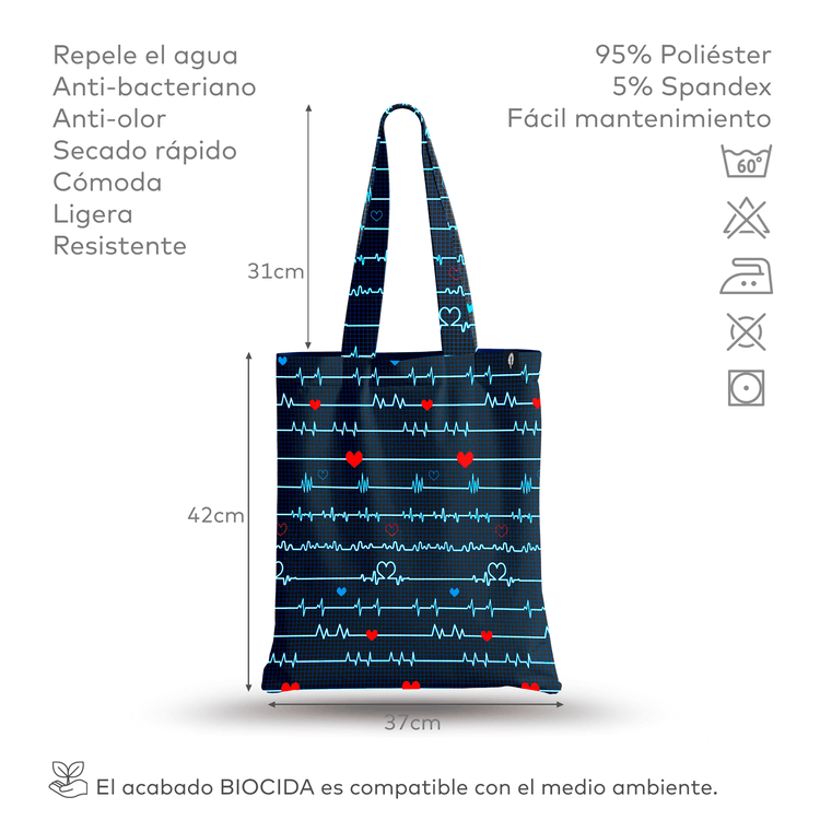 Tote Bag de Robin Hat con diseño de electrocardiograma en fondo azul, mostrando especificaciones detalladas del producto. Resistente al agua y anti-manchas.