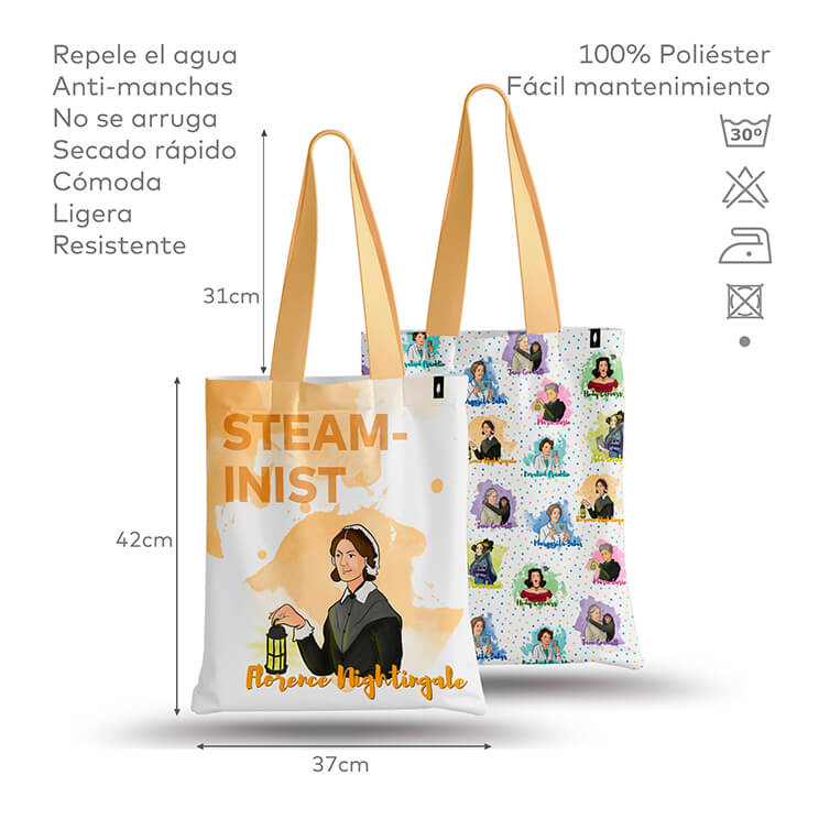 Tote Bag de Robin Hat con diseño de Florence Nightingale en fondo blanco, mostrando especificaciones detalladas del producto. Resistente al agua y anti-manchas.