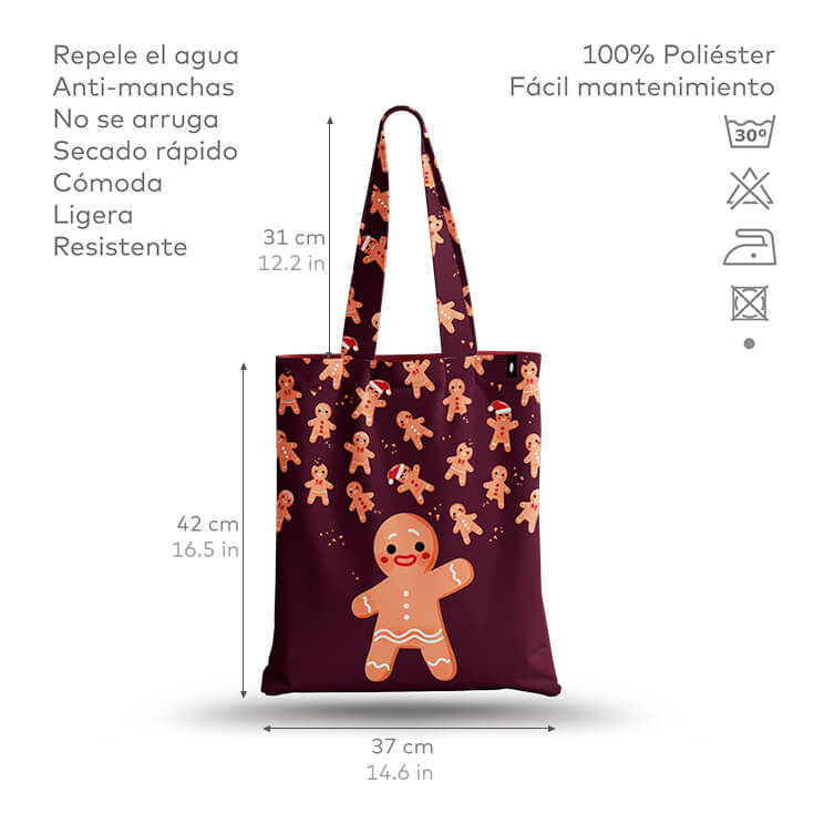 Tote Bag de Robin Hat con diseño de muñecos de jengibre en fondo marrón oscuro, mostrando especificaciones detalladas del producto. Resistente al agua y anti-manchas.