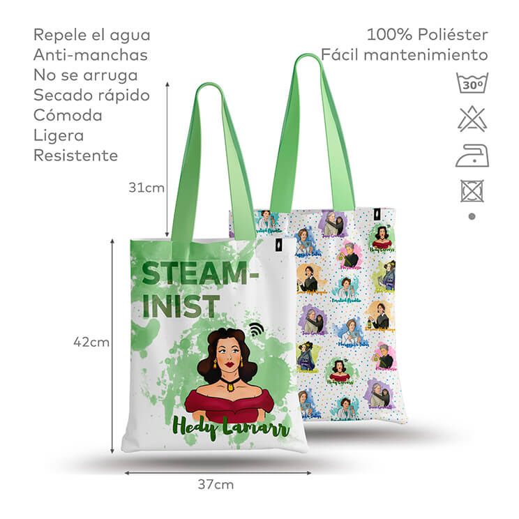 Tote Bag de Robin Hat con diseño de Hedy Lamarr en fondo blanco, mostrando especificaciones detalladas del producto. Resistente al agua y anti-manchas.