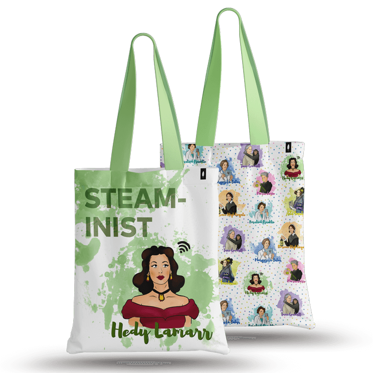 Tote Bag de Robin Hat con diseño de Hedy Lamarr en fondo blanco, ideal para cualquier ocasión.