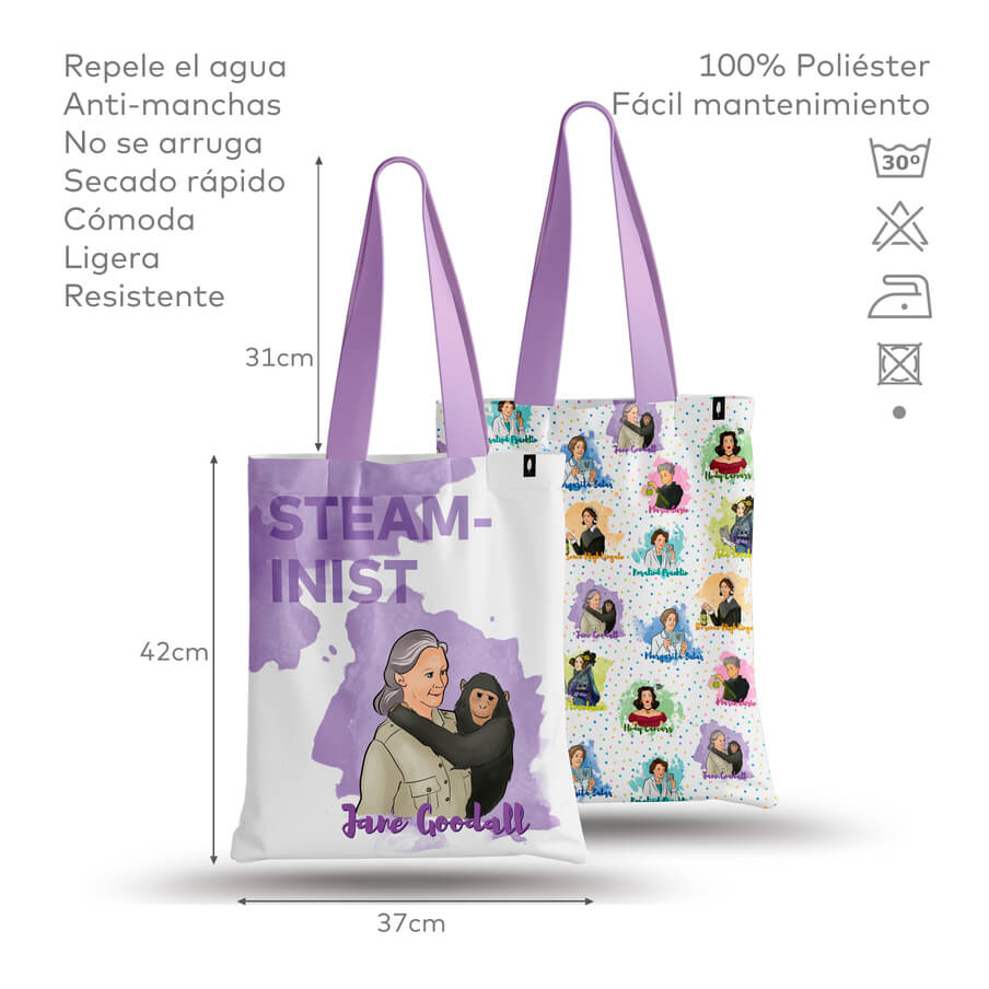 Tote Bag de Robin Hat con diseño de Jane Goodall en fondo blanco, mostrando especificaciones detalladas del producto. Resistente al agua y anti-manchas.