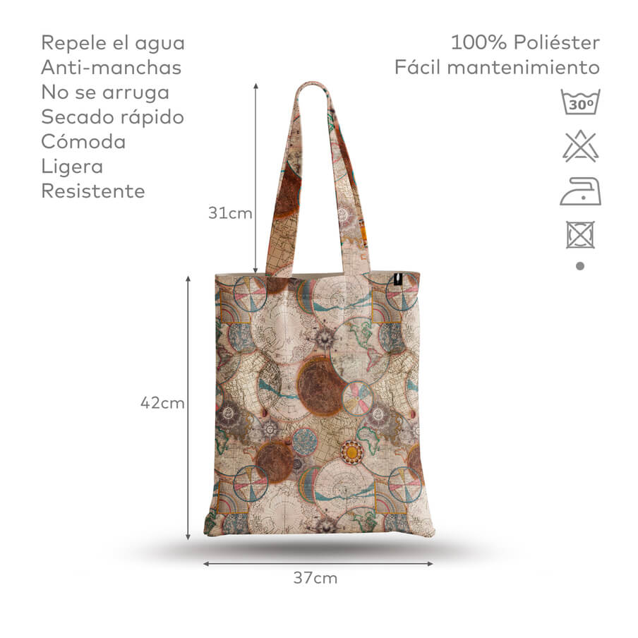 Tote Bag de Robin Hat con diseño de mapas antiguos en fondo beige, ideal para cualquier ocasión. Resistente al agua y anti-manchas.