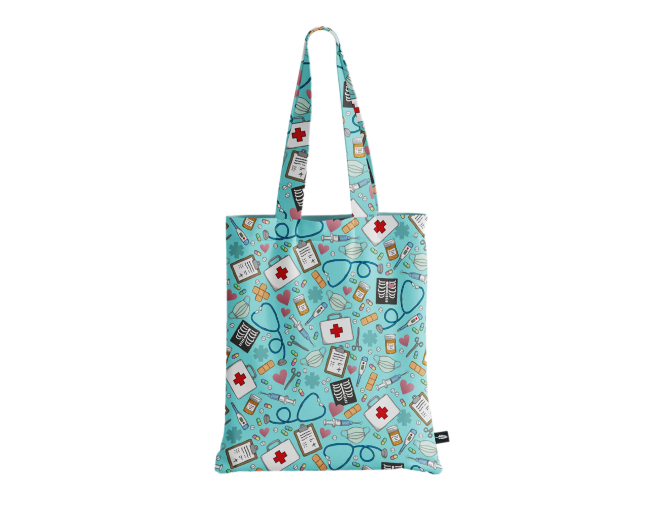 Tote Bag de Robin Hat con diseño de elementos médicos en fondo azul claro, con ilustraciones de estetoscopios, jeringas y pastillas.