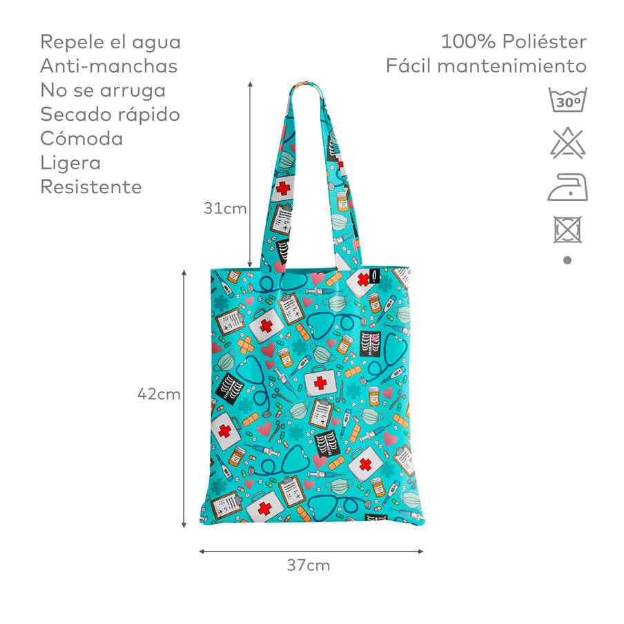 Tote Bag de Robin Hat con diseño de elementos médicos en fondo azul claro, mostrando especificaciones detalladas del producto. Resistente al agua y anti-manchas.