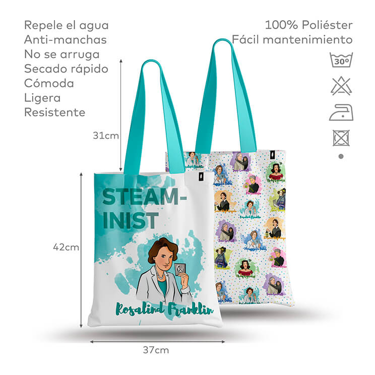 Tote Bag de Robin Hat con diseño de Rosalind Franklin en fondo blanco, mostrando especificaciones detalladas del producto. Resistente al agua y anti-manchas.