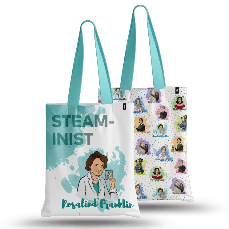 Tote Bag de Robin Hat con diseño de Rosalind Franklin en fondo blanco, ideal para cualquier ocasión.