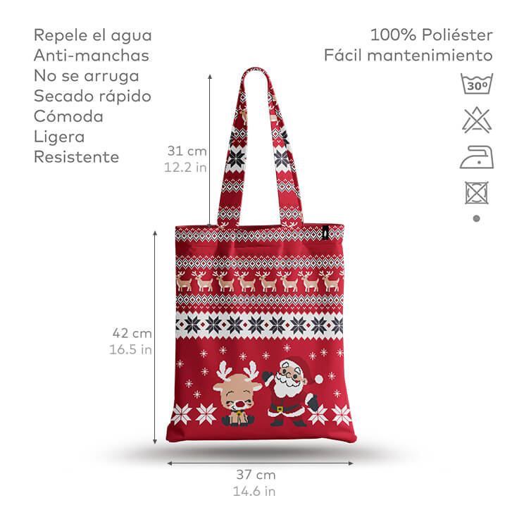 Tote Bag de Robin Hat con diseño navideño de Rudolf en fondo rojo, ideal para cualquier ocasión festiva. Resistente al agua y anti-manchas.