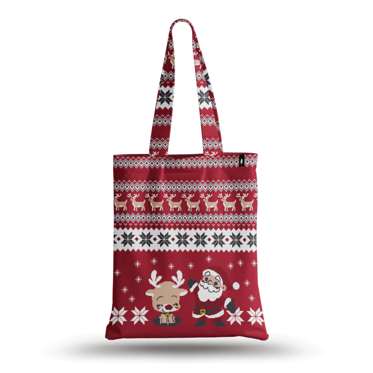 Tote Bag de Robin Hat con diseño navideño de Rudolf en fondo rojo, con elementos festivos. 