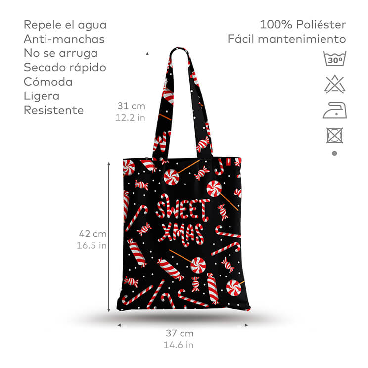 Tote Bag de Robin Hat con diseño navideño de dulces en fondo negro, ideal para cualquier ocasión festiva. Resistente al agua y anti-manchas.