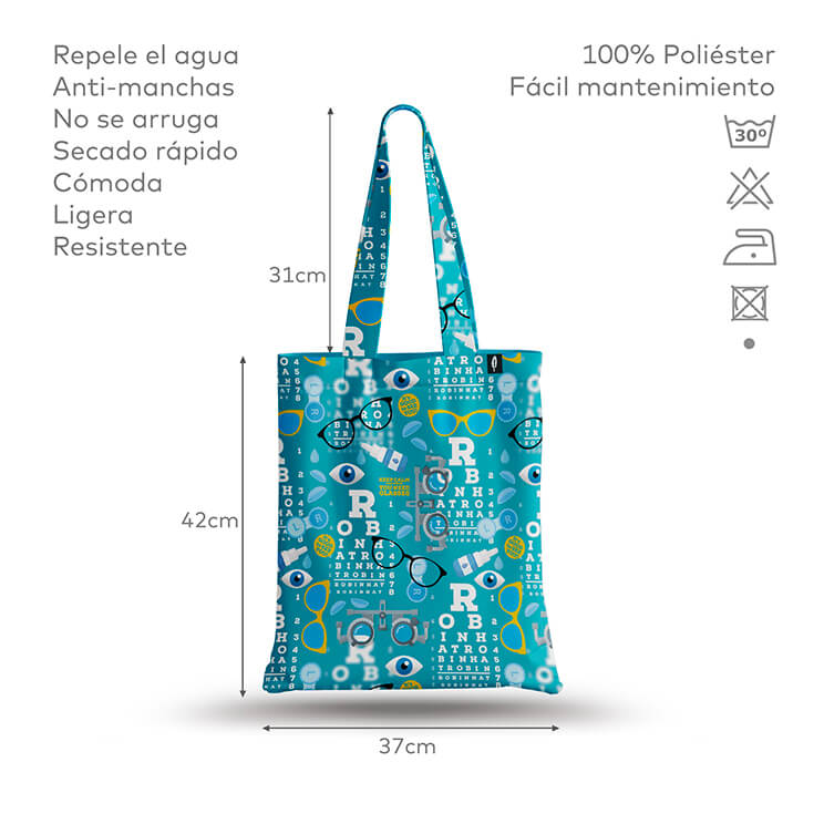 Tote Bag de Robin Hat con diseño de oftalmología en fondo azul, con elementos como ojos, gafas y letras. Resistente al agua y anti-manchas.